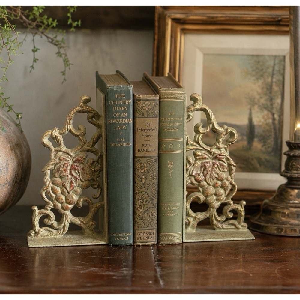 Vintage Cast Iron Grapevine Bookends Sage Green Gold Gilt French Tuscan Pair